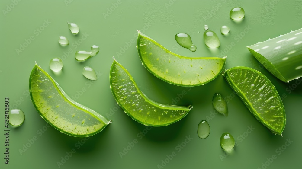 Fototapeta premium Slices of aloe vera placed on a lush green background, showcasing the plant's natural freshness and vitality, Ai Generated.