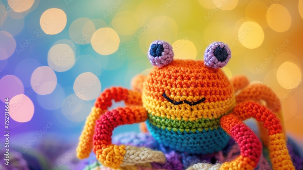 Crocheted crab toy vibrant backdrop, handcrafted and adorable, Ai Generated