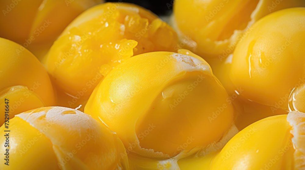 Close-up of vibrant yellow mango ice cream balls, tempting and refreshing, Ai Generated. Close-up of vibrant yellow mango ice cream balls, tempting and refreshing, Ai Generated.