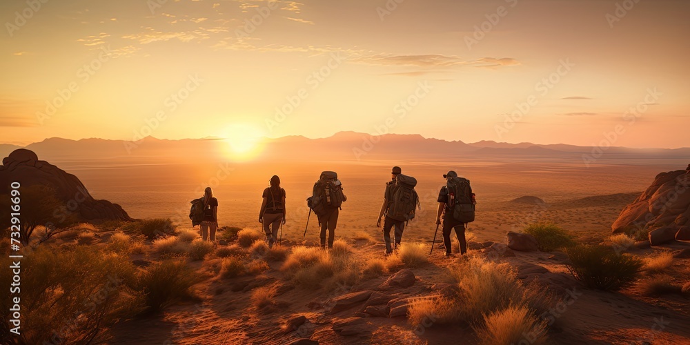 Invite adventurers to lose themselves in the rugged beauty of a vast desert landscape at sunset