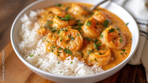Delicious coconut shrimp curry served with rice, a creamy and flavorful delight, Ai Generated.