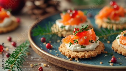 Festive canapés biscuits adorned with creamy sauce and plant-based smoked salmon, a delightful treat, Ai Generated.