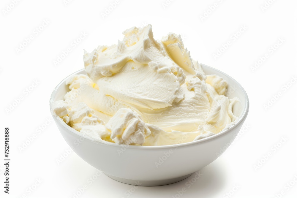 Closeup view of a bowl of cream cheese isolated on white background Closeup view of a bowl of cream cheese isolated on white background