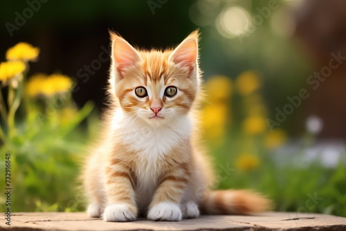 Cute kitten sitting outdoors staring at camera