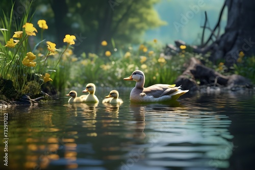 A family of ducks swimming in a mirrored pond  creating a serene and harmonious scene.