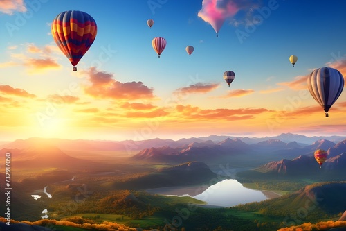 Vibrant hot air balloons soaring above a picturesque landscape during sunrise.