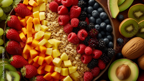 Oatmeal with variety of fruits in a bowl. photo