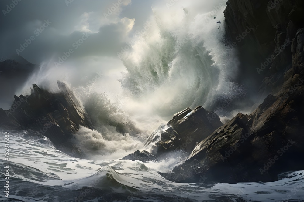 Waves crashing against rugged coastal cliffs during a stormy day, capturing the raw power of the sea.