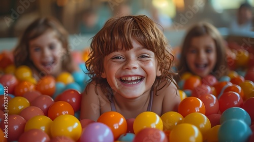 A group of children squealing with delight as they play in a colorful ball pit, their laughter echoing off the walls of the indoor playground