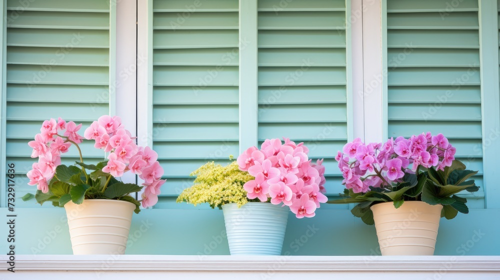 Fototapeta premium Pretty flowers in pots on a windowsill, 