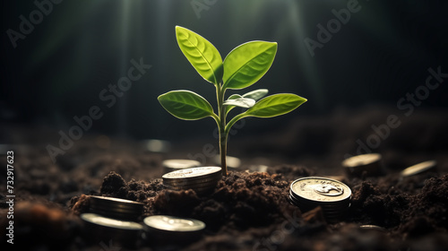 a green plant growing out of a pile of coins is a powerful and e photo