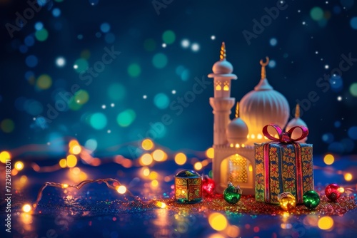 The magical atmosphere created by the bokeh effect of lights in the background, highlighting the intricate details of the mosque and presents