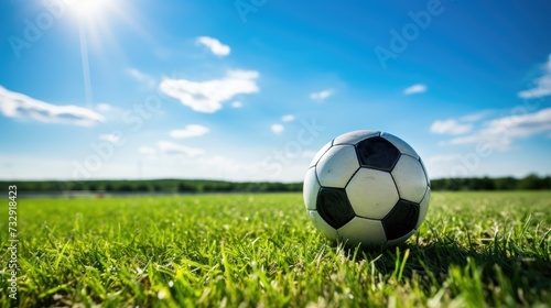 Soccer, with the background of the field grass and blue sky and white clouds, close up © Dara