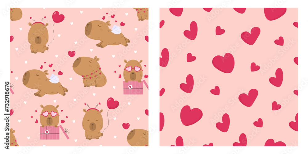Set of patterns with lovely capybara and hearts Set of patterns with lovely capybara and hearts