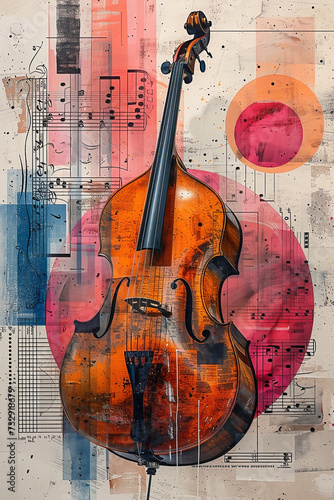 Abstract poster art for a jazz music performance with a double bass with musical notes. . photo
