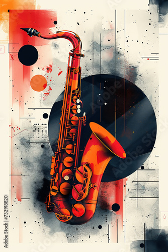 Abstract poster art for a jazz music performance with a saxophone in shades of orange and black.
