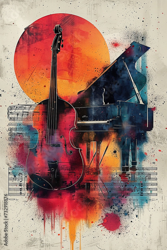 Abstract poster art for a jazz music performance with a double bass and piano with musical notes. .