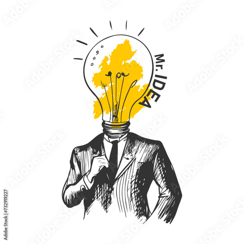 Businessman with head of light bulb half body hand-drawn vector illustration. Mr. Idea drawing concept for creative person, business idea, business project etc.