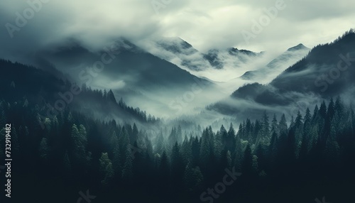 Misty foggy mountain landscape with fir forest and copyspace in vintage retro hipster style © msroster