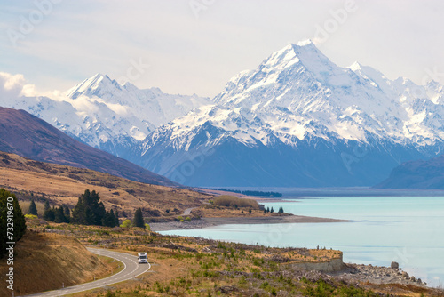  Snow capped Mount Cook and Southern Alps over Lake Pukaki, New Zealand