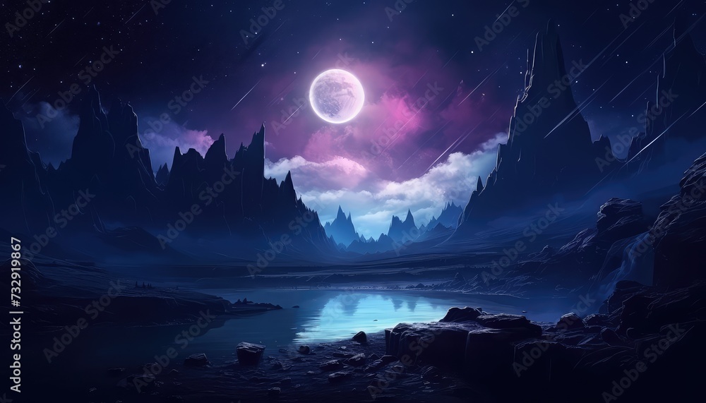 futuristic fantasy night landscape with abstract landscape moonlight shine dark natural