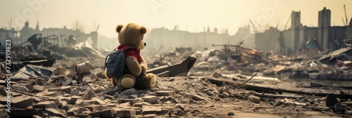 A child playing in a destroyed city with a dirty teddy bear 