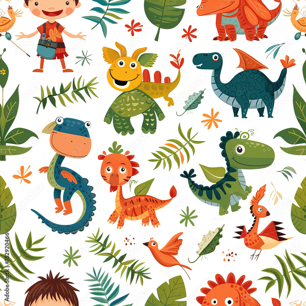 Children and fantasy creatures colorful repeat pattern, kids cartoon collage	