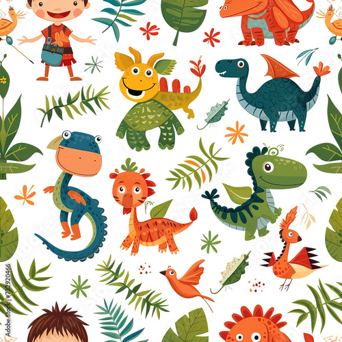 Children and fantasy creatures colorful repeat pattern  kids cartoon collage 