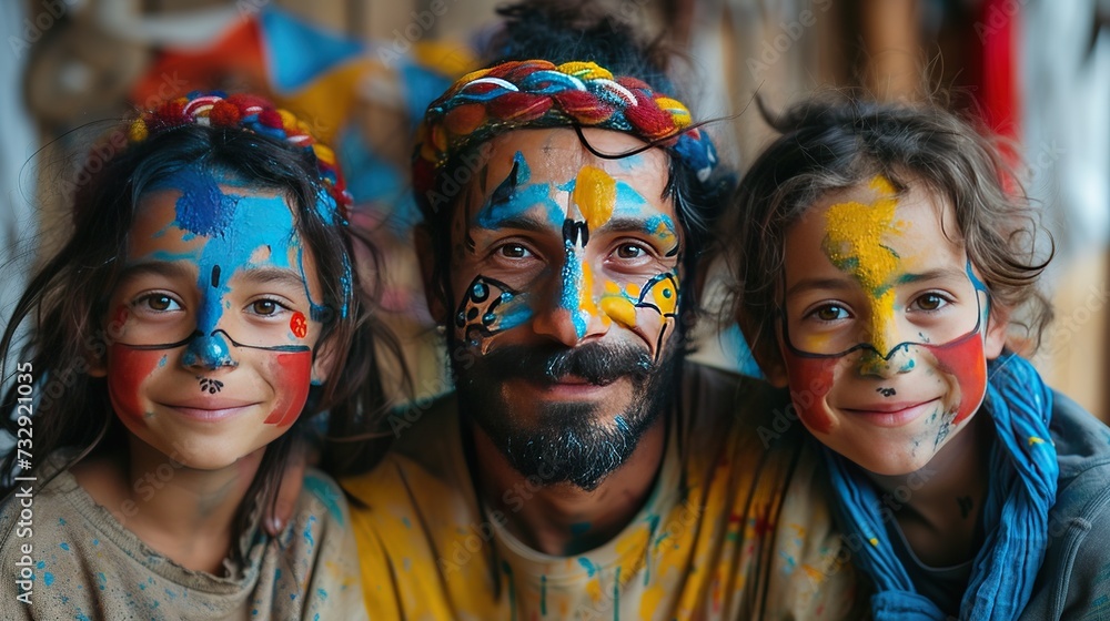 Obraz premium Playful Parent's Day portrait of non-traditional family with painted faces and homemade signs, showing unity and love.