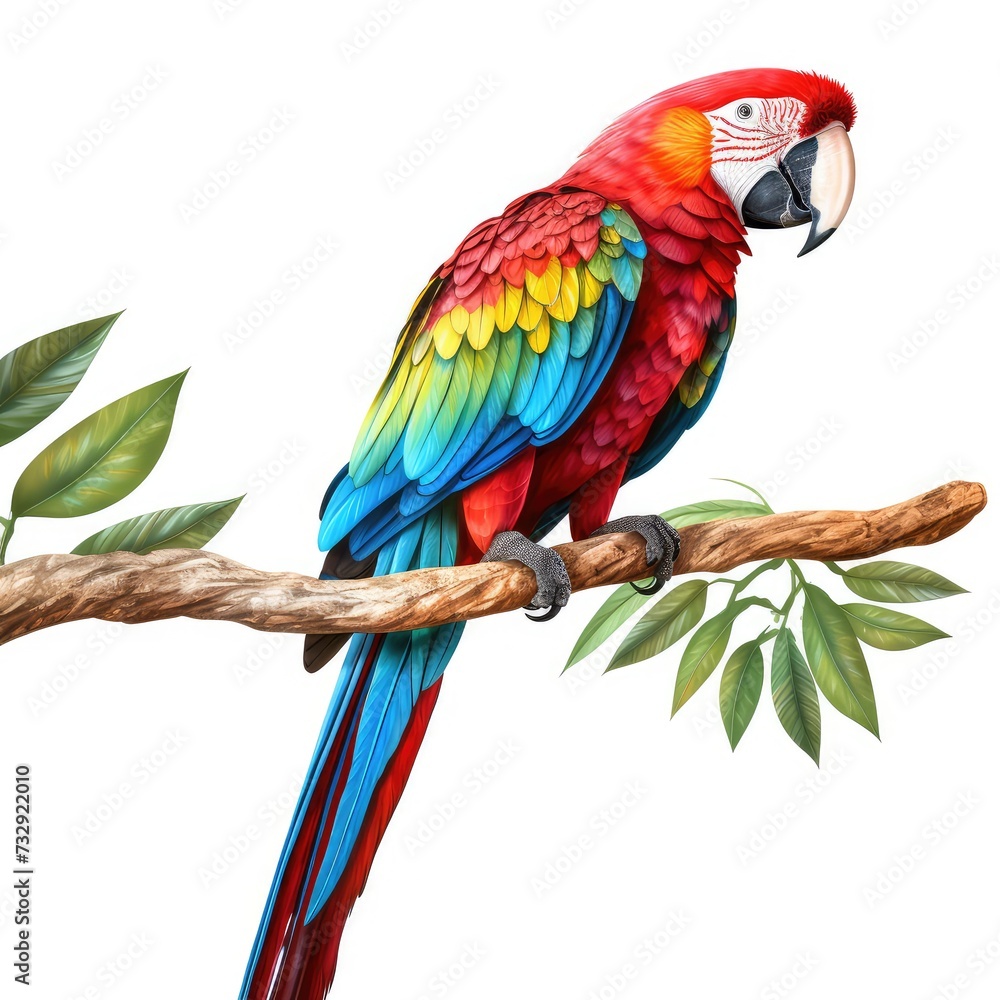 Colorful macaw parrot on a branch. Watercolor illustration