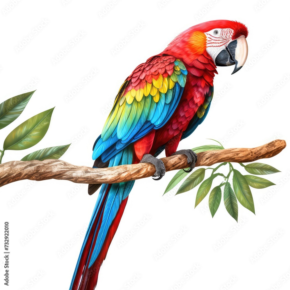 Fototapeta premium Colorful macaw parrot on a branch. Watercolor illustration