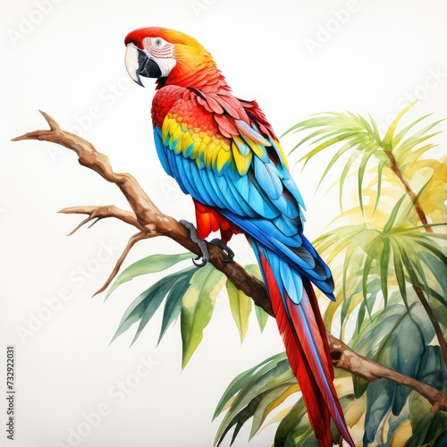 Colorful macaw parrot on a branch. Watercolor illustration