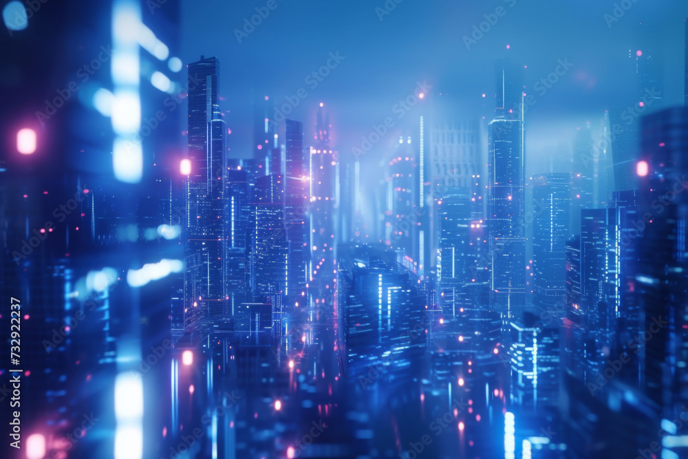 A futuristic city with lights lit up on the cityscape.