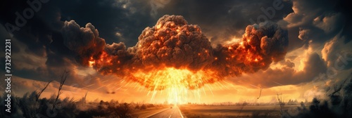 Nuclear explosion of an atom bomb with a mushroom cloud causing an apocalyptic 