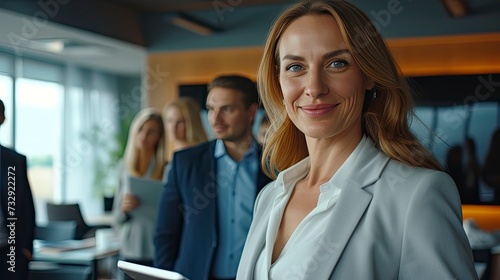 Smiling confident business leader looking at camera and standing in an office at team meeting. Portrait of confident businesswoman, Using digital tablet during a meeting - generative ai