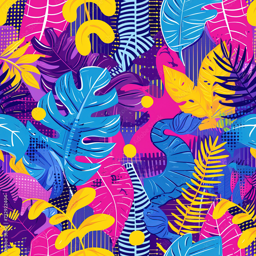 Obraz premium Tropical leaf doodles cartoon repeat pattern, vibrant floral retro line art jungle palm leaf striped repetitive boho trendy pattern