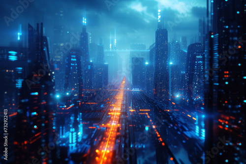 A futuristic city with lights lit up on the cityscape.