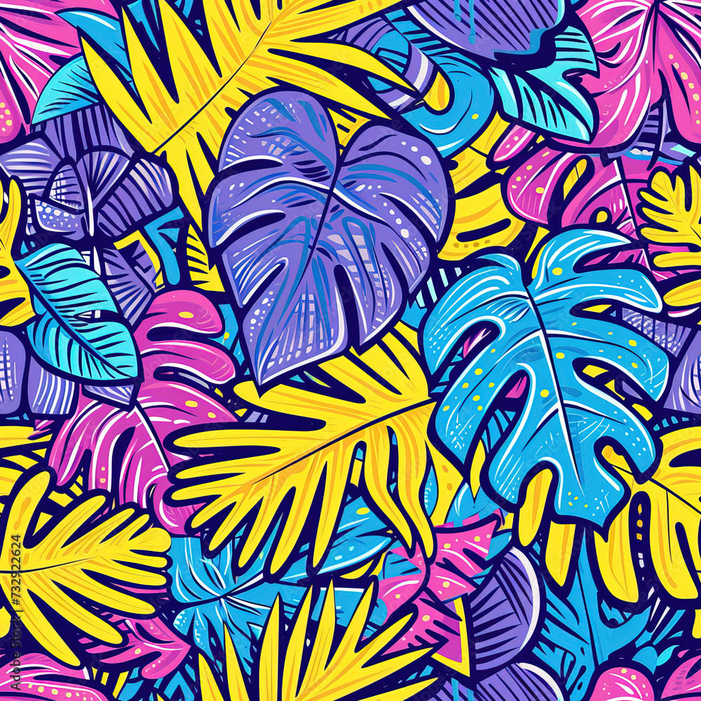 Fototapeta premium Tropical leaf doodles cartoon repeat pattern, vibrant floral retro line art jungle palm leaf striped repetitive boho trendy pattern