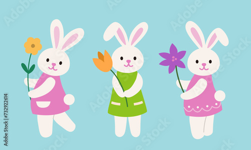 Cute bunny holding flowers vector.