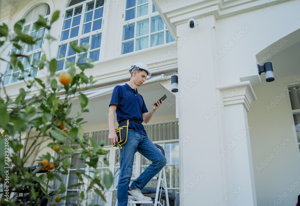 A technician installs a CCTV camera on the facade of a residential building.