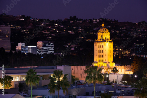 Night view of the historic Beverly Hills City Hall, built in 1932 in the California Churrigueresque architectural style in California, USA.