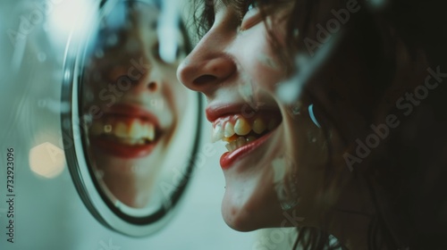 a woman with simle reflecting on mirror dental health and hygiene.