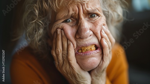 old age woman presses hand to cheek suffers from pain in tooth. Teeth decay dental problems