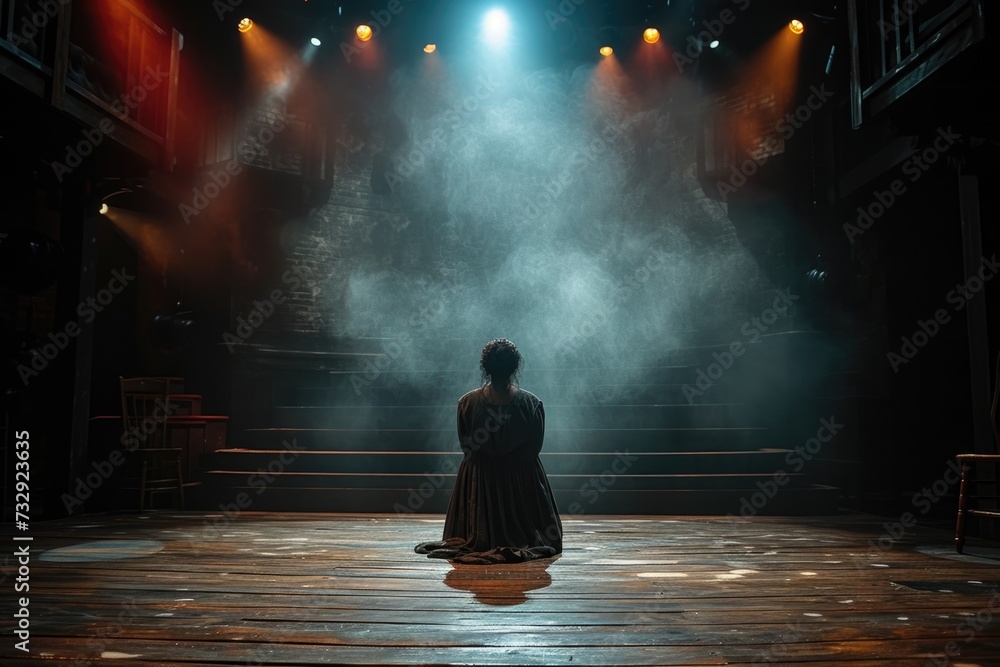 Actress on Stage in the Spotlight Amidst Mist