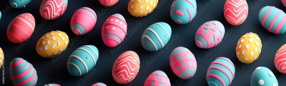 Fototapeta premium Easter eggs on blue background . Banner