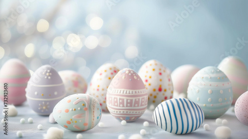 Easter celebration, a fluffy bunny nestled among multicolored eggs with festive patterns.