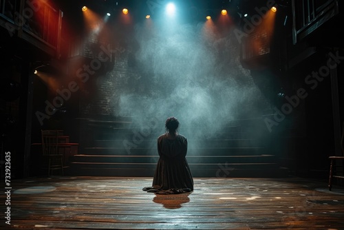 Actress on Stage in the Spotlight Amidst Mist photo