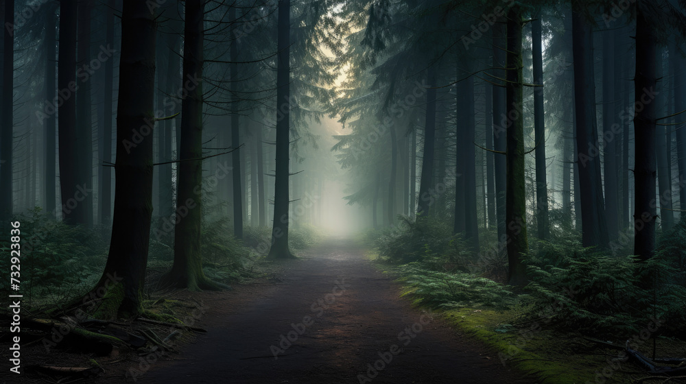 Naklejka premium Tranquil Dusk in a Foggy, Enchanted Forest with Mysterious Path 