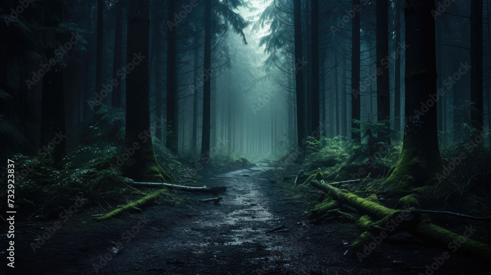 Enchanted Forest Path at Dusk: A Foggy, Mystical Journey
