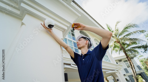 A technician installs a CCTV camera on the facade of a residential building.